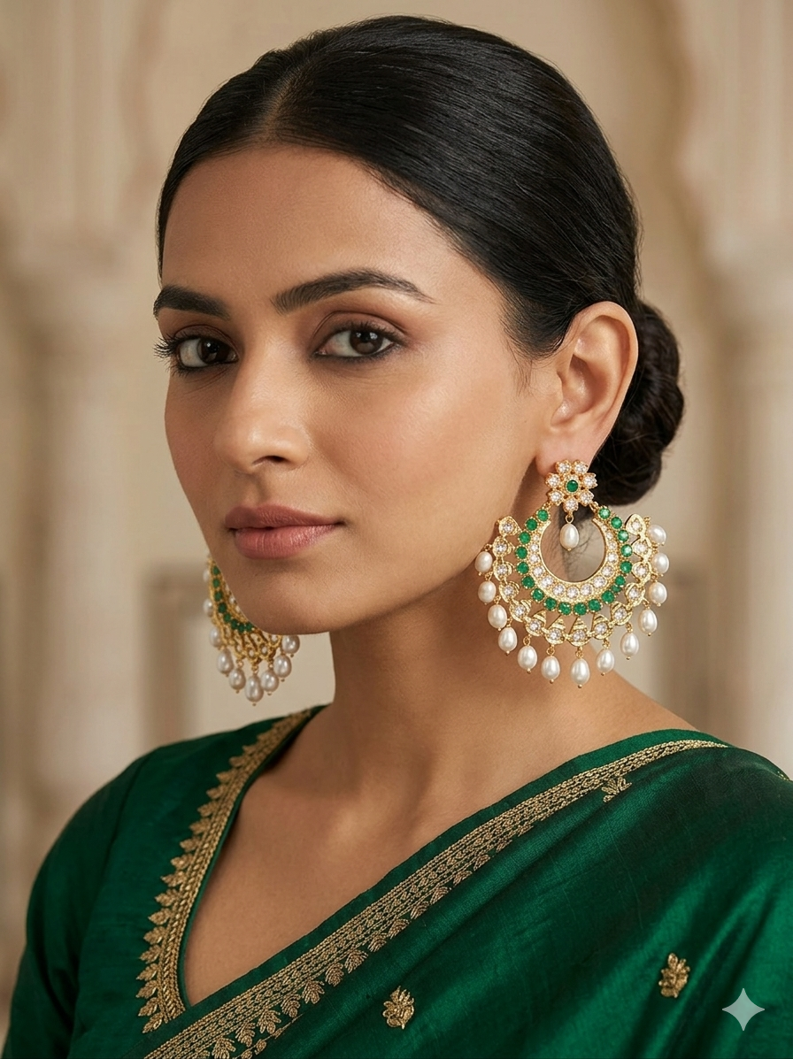 Emerald Pearl Chandbali Statement Earrings