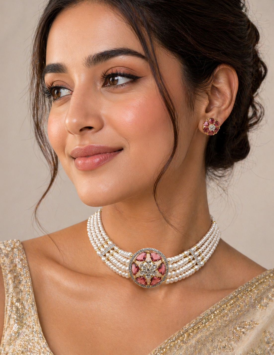 Elegant Multi-Strand Pearl Choker Set with Ruby Floral Centerpiece