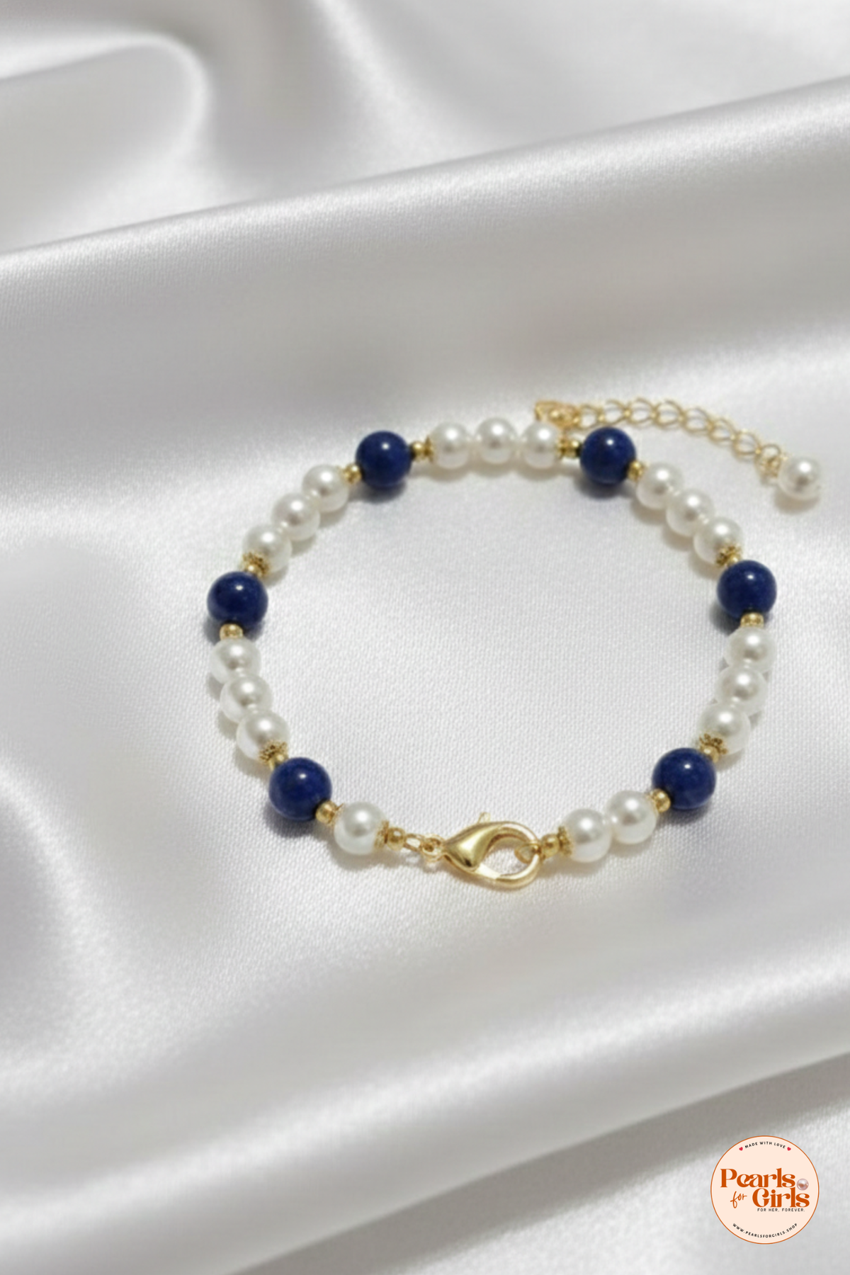 Pearl & Deep Blue Lapis-Style Gold-Toned Bracelet
