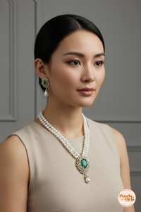 Regal Emerald Green Crystal & Double-Strand Pearl Necklace Set with Matching Drop Earrings