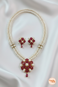 Elegant Red Ruby and Pearl Heritage Necklace Set