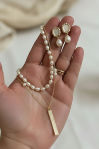 Elegant Gold-Bar and Pearl Layered Necklace Set