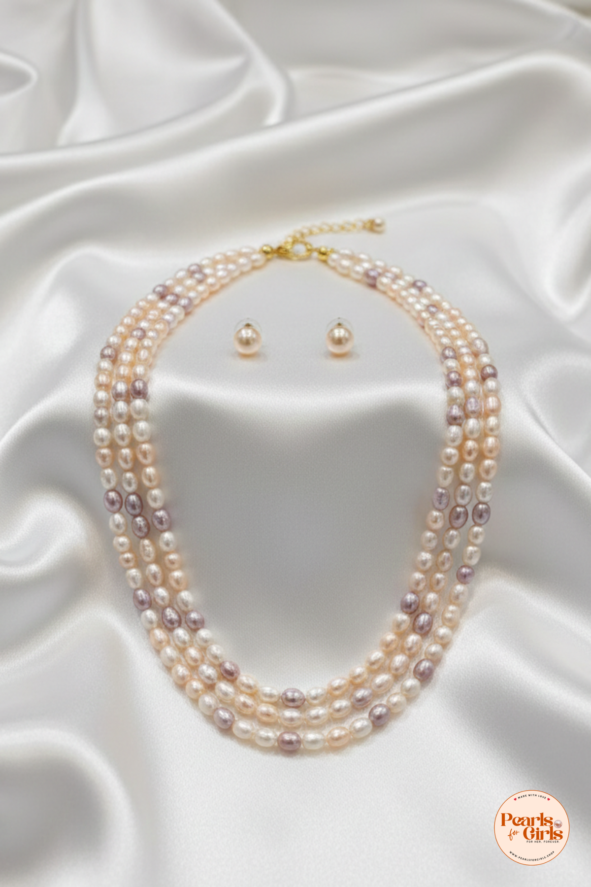 Elegant Triple-Strand Lavender and Peach Pearl Necklace Set