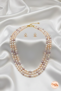 Elegant Triple-Strand Lavender and Peach Pearl Necklace Set