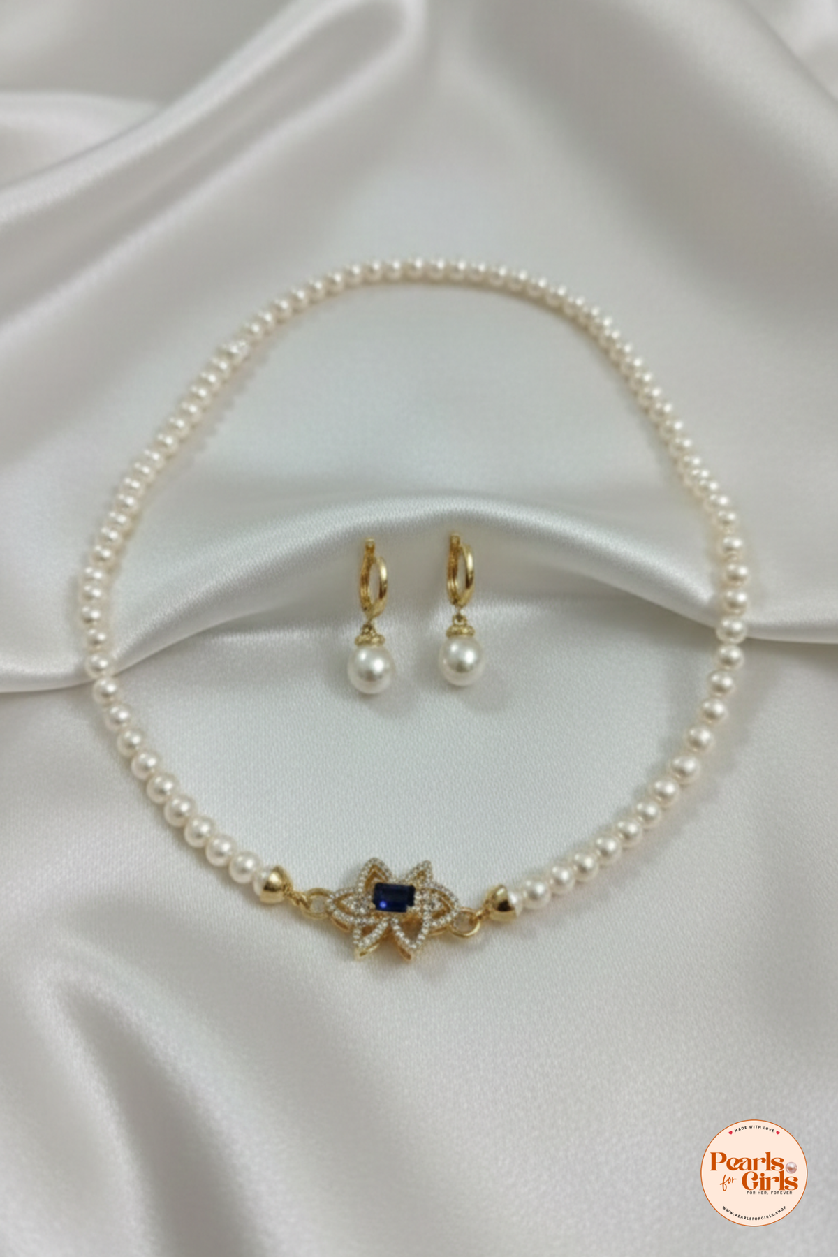 Elegant Sapphire Blue Crystal Floral Pearl Necklace Set