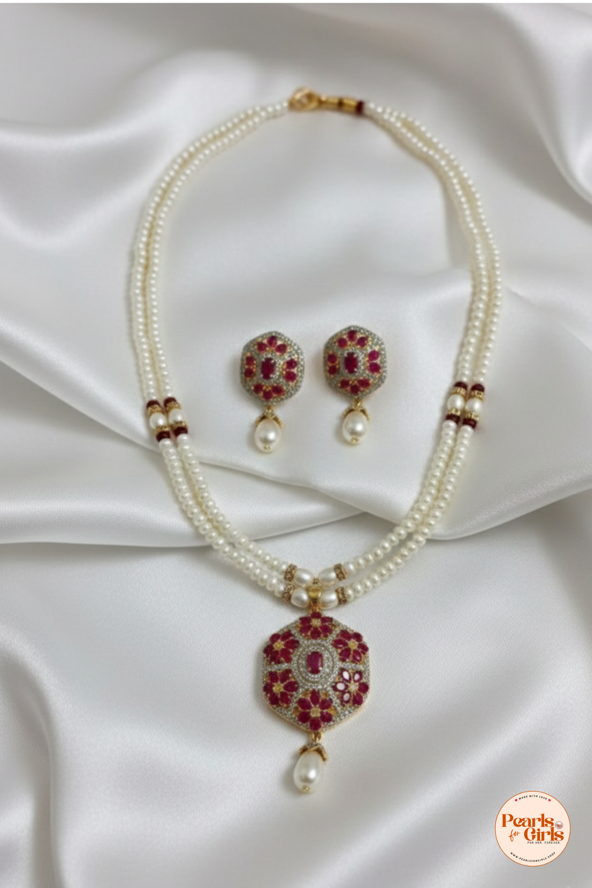 Elegant Floral Ruby and Pearl Statement Necklace Set