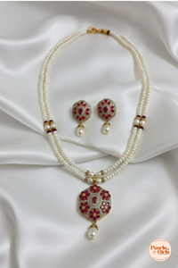 Elegant Floral Ruby and Pearl Statement Necklace Set