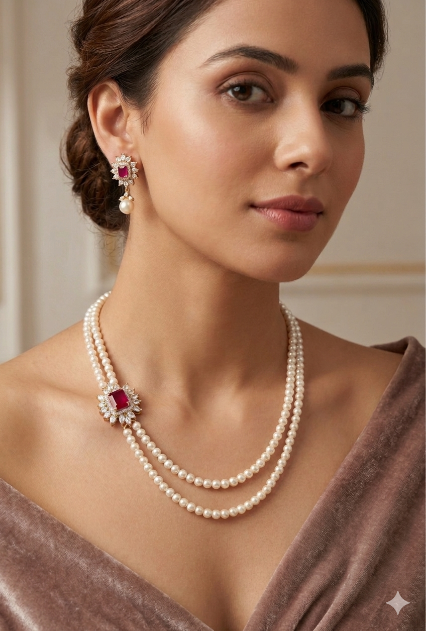 Double layer side brooch long necklace