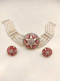 Elegant Multi-Strand Pearl Choker Set with Ruby Floral Centerpiece