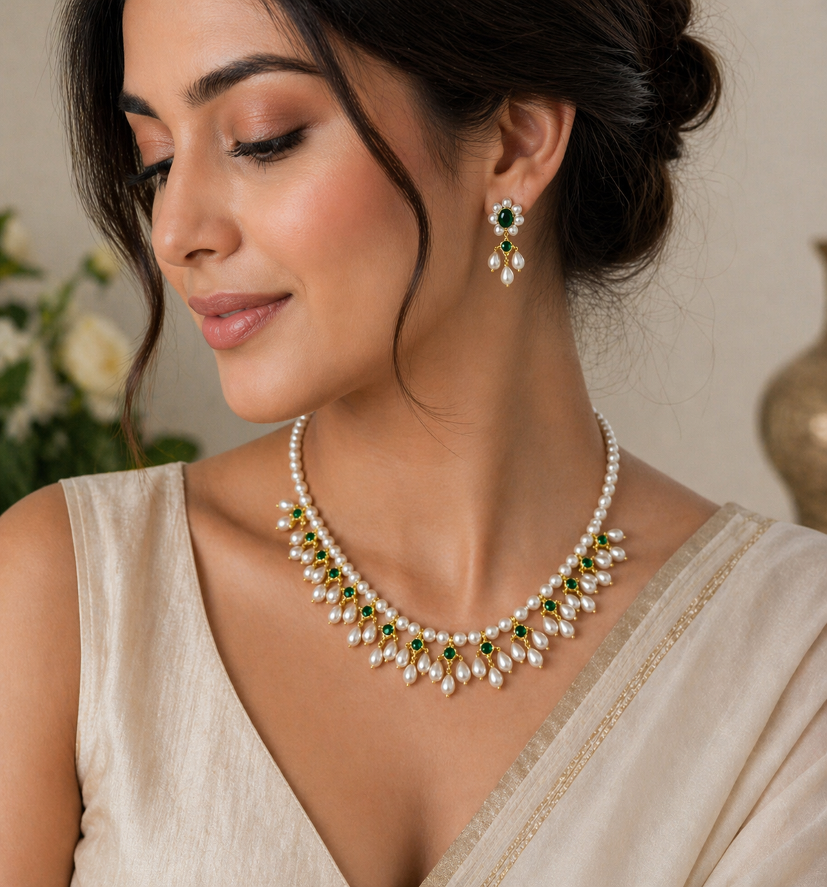 Royal Pearl & Emerald Drop Necklace Set