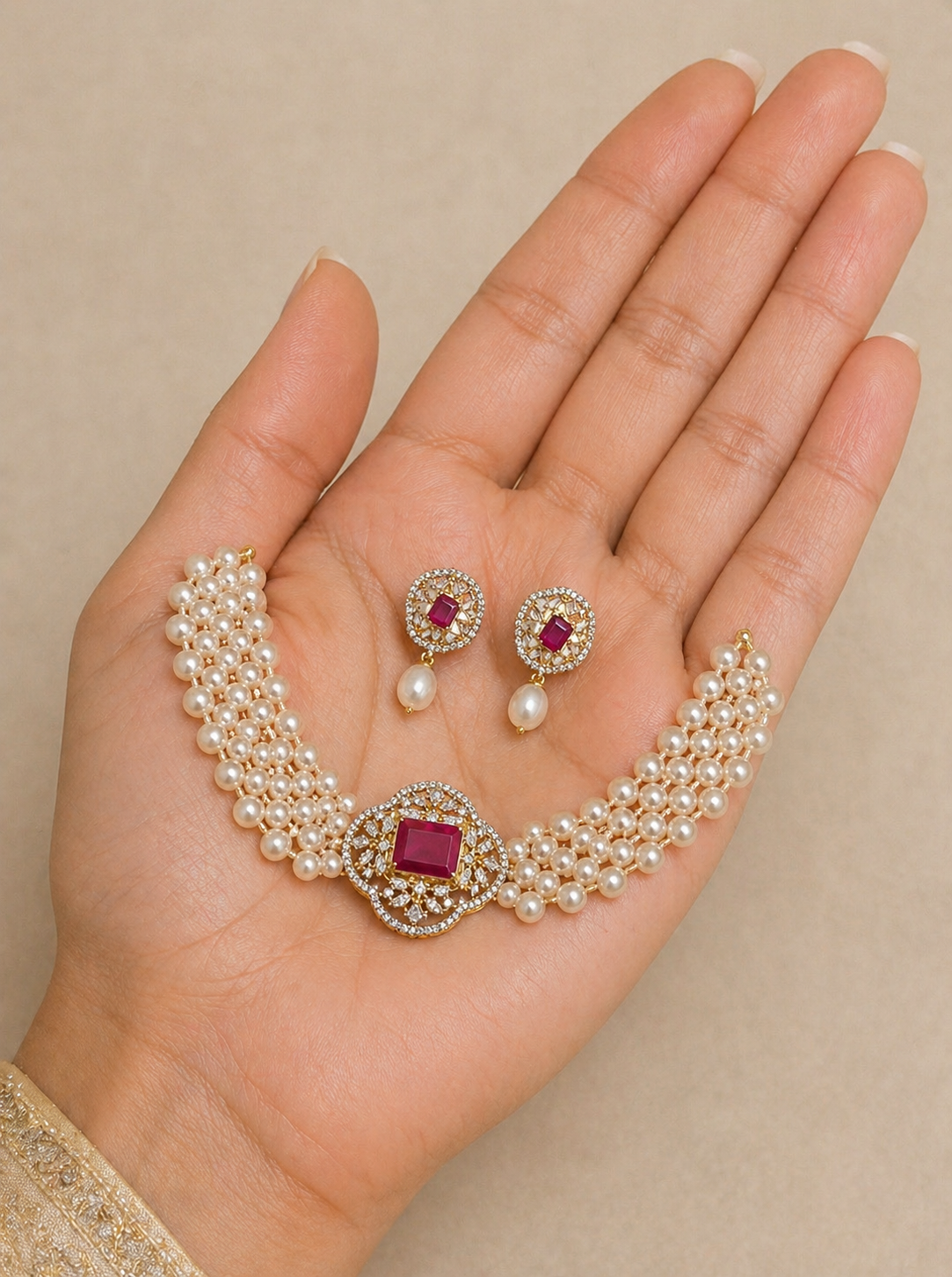 Royal Ruby & Pearl Multi-Strand Choker Set