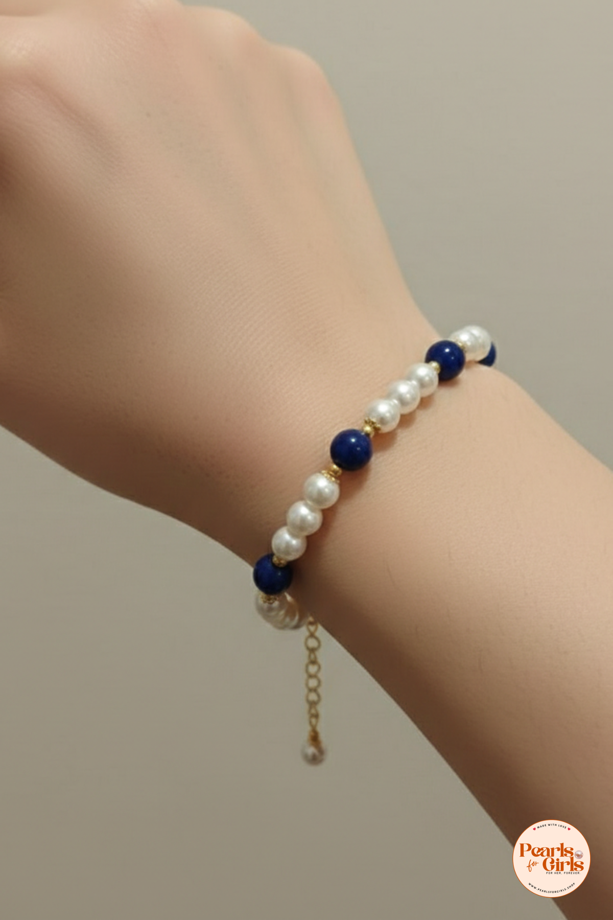Pearl & Deep Blue Lapis-Style Gold-Toned Bracelet