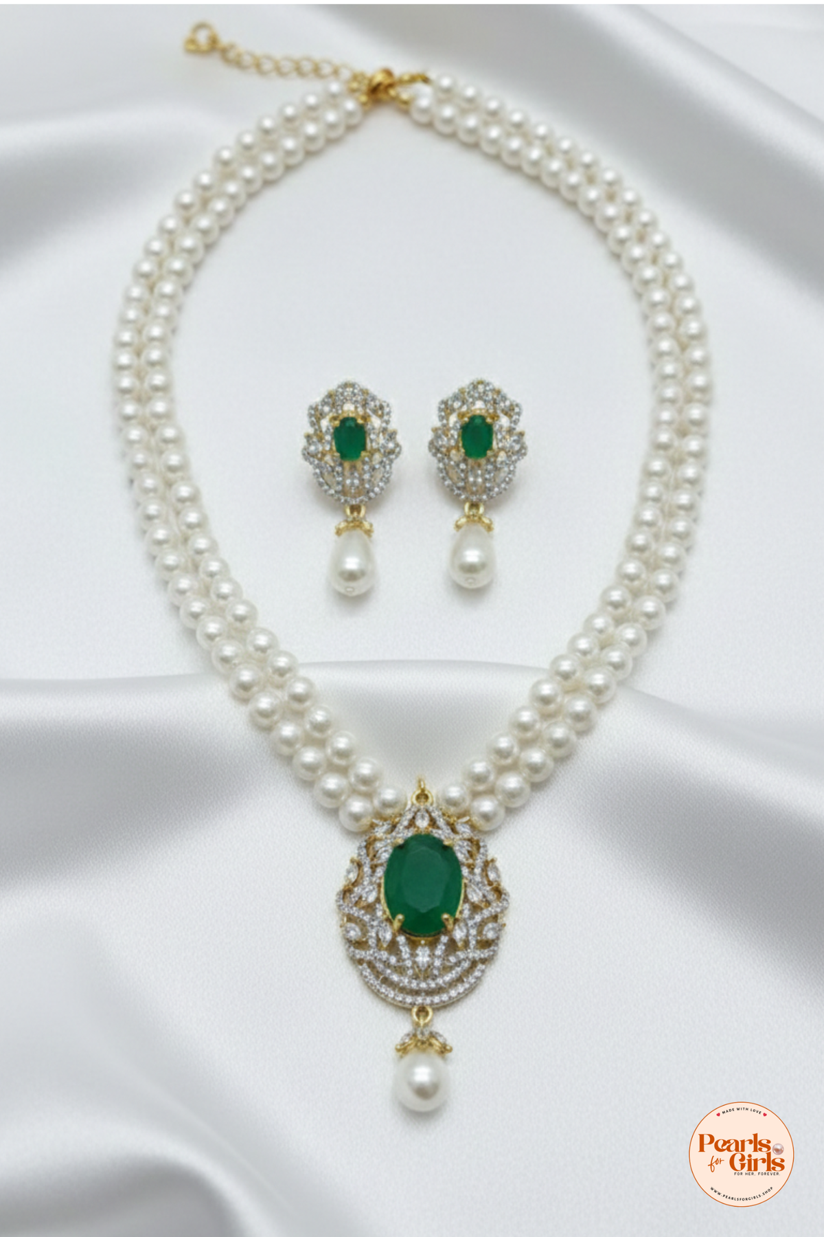 Regal Emerald Green Crystal & Double-Strand Pearl Necklace Set with Matching Drop Earrings