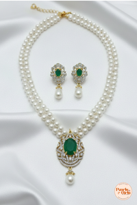 Regal Emerald Green Crystal & Double-Strand Pearl Necklace Set with Matching Drop Earrings