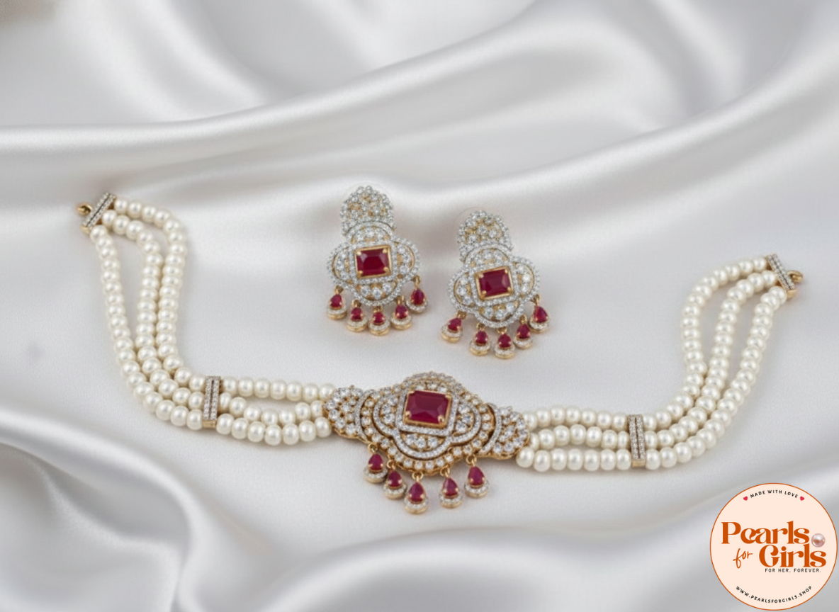 Elegant Triple-rows White Pearl Choker with Ruby Statement Pendant