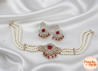 Elegant Triple-rows White Pearl Choker with Ruby Statement Pendant