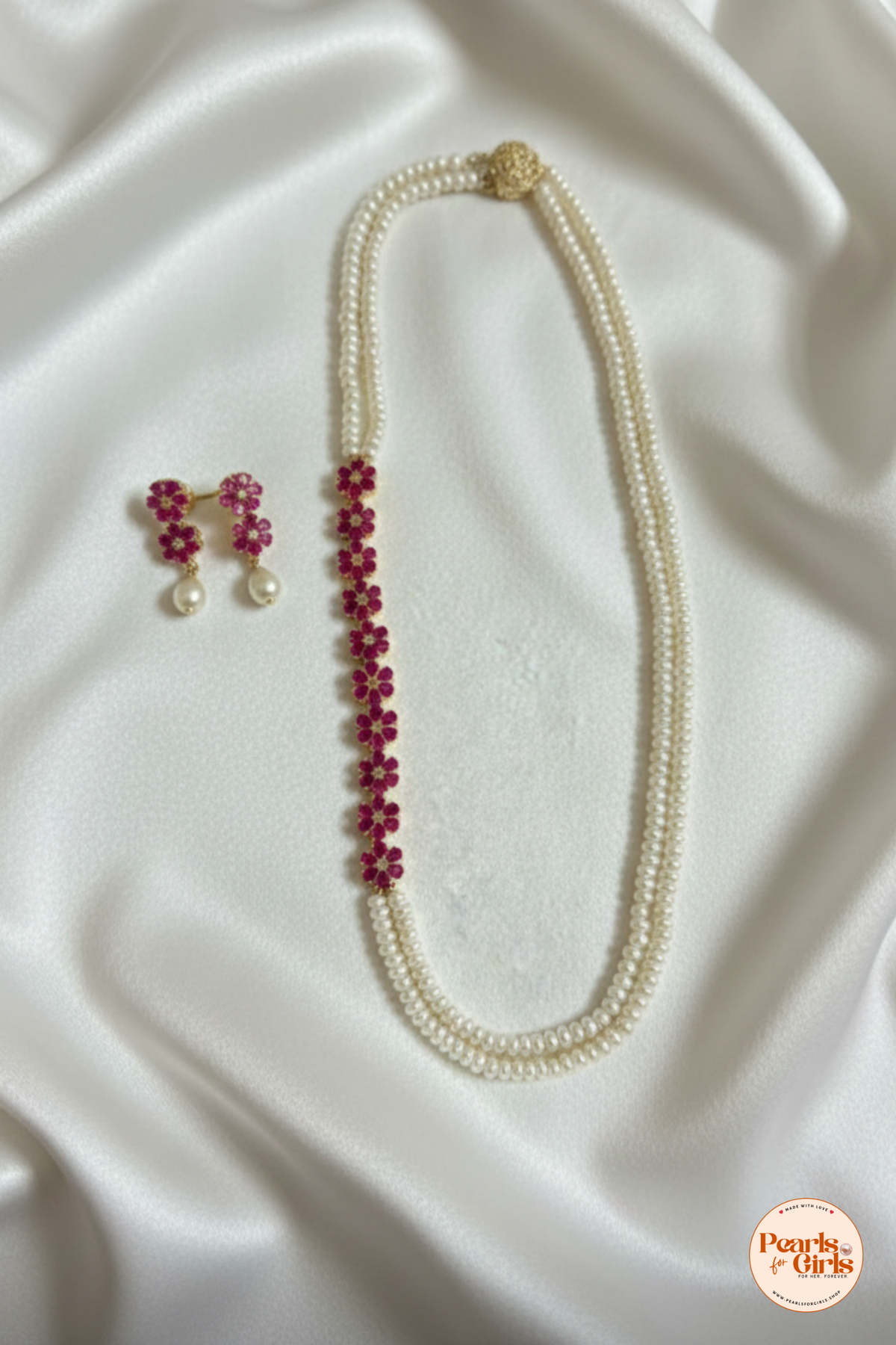 Elegant Floral Ruby and Pearl Necklace Set