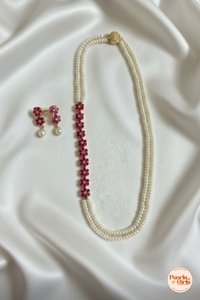 Elegant Floral Ruby and Pearl Necklace Set