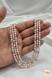 Elegant Triple-Strand Lavender and Peach Pearl Necklace Set