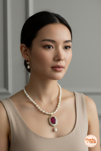 Classic pearl strand with ruby-toned centerpiece pendant