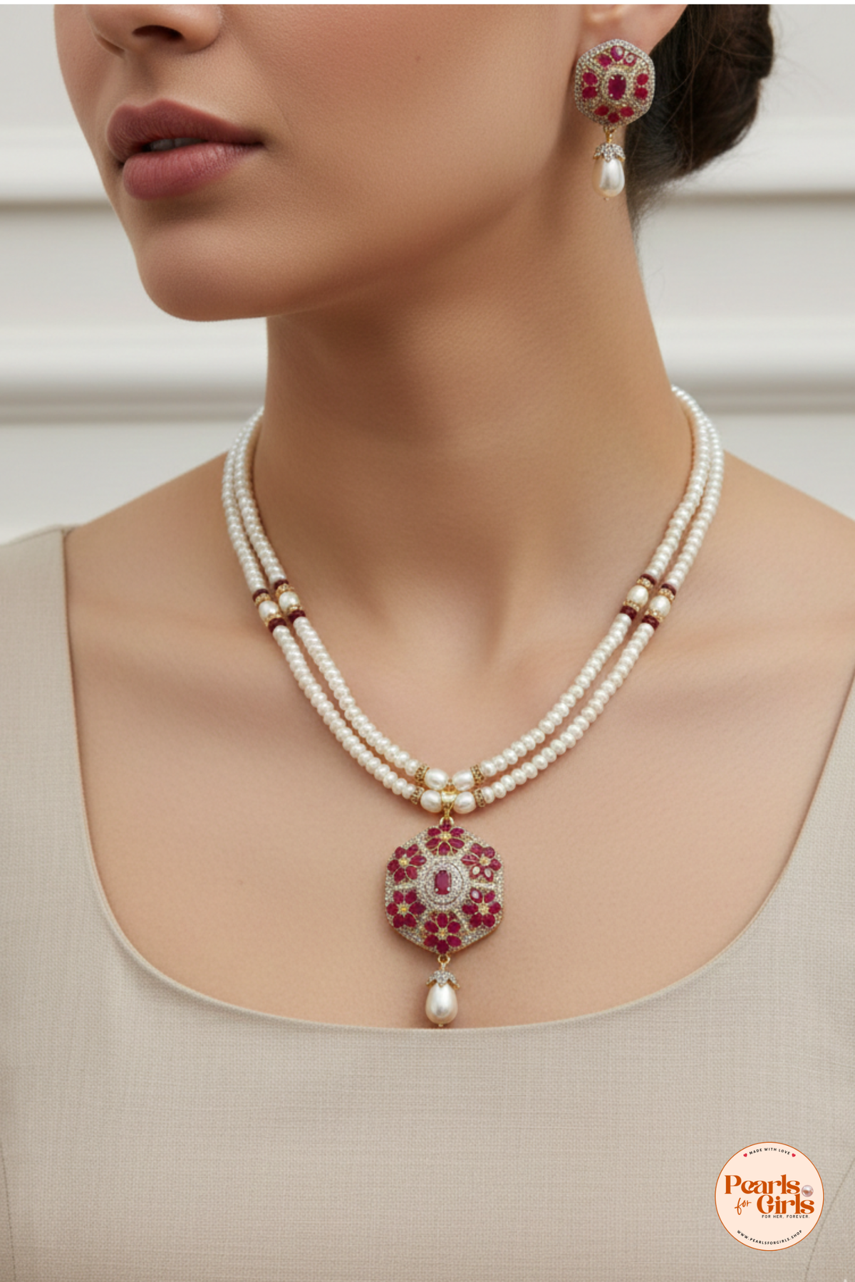 Elegant Floral Ruby and Pearl Statement Necklace Set