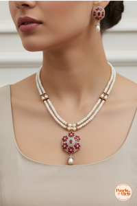 Elegant Floral Ruby and Pearl Statement Necklace Set