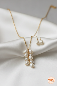 Cascading pearl cluster pendant with matching drop earrings