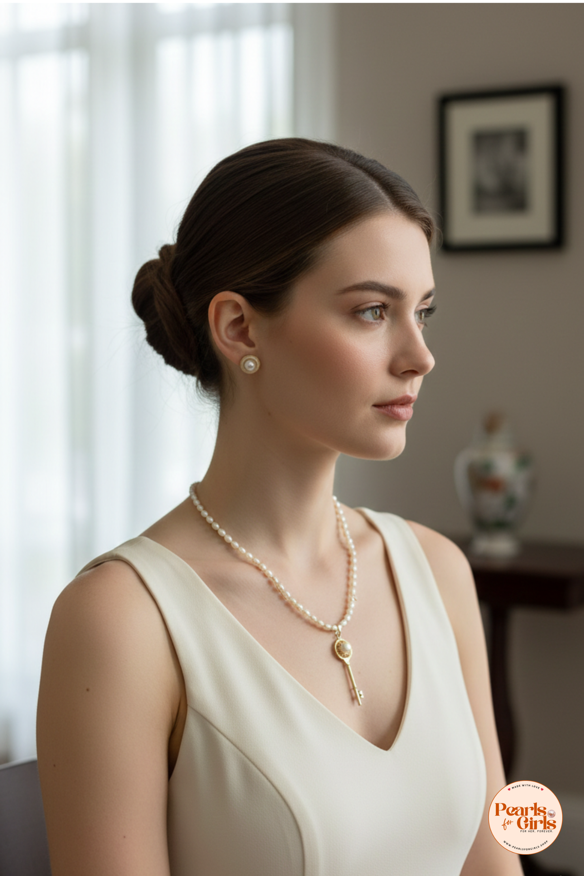 Minimalist pearl strand with vintage key Pendant Necklace Set
