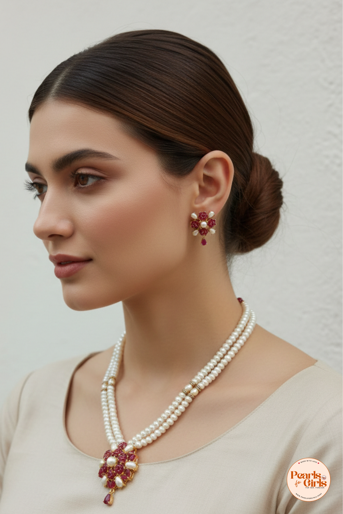 Elegant Red Ruby and Pearl Heritage Necklace Set
