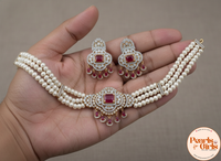 Elegant Triple-rows White Pearl Choker with Ruby Statement Pendant