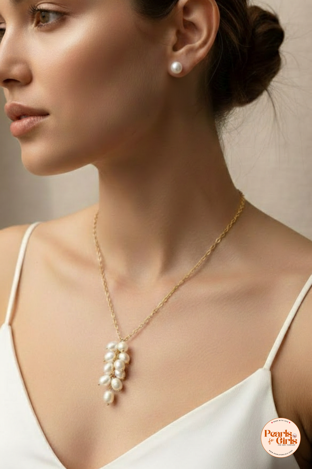 Cascading pearl cluster pendant with matching drop earrings