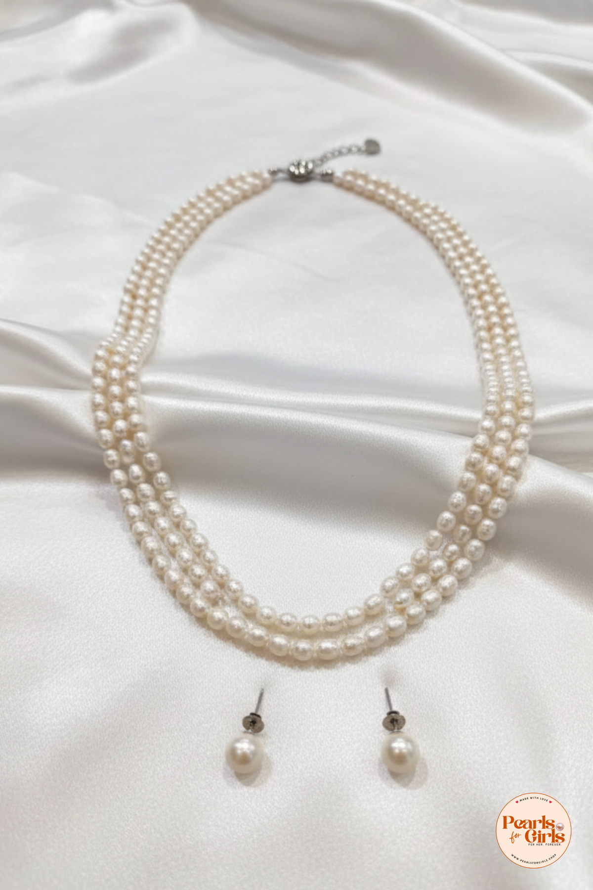Elegant triple Strand Pearl Necklace Set