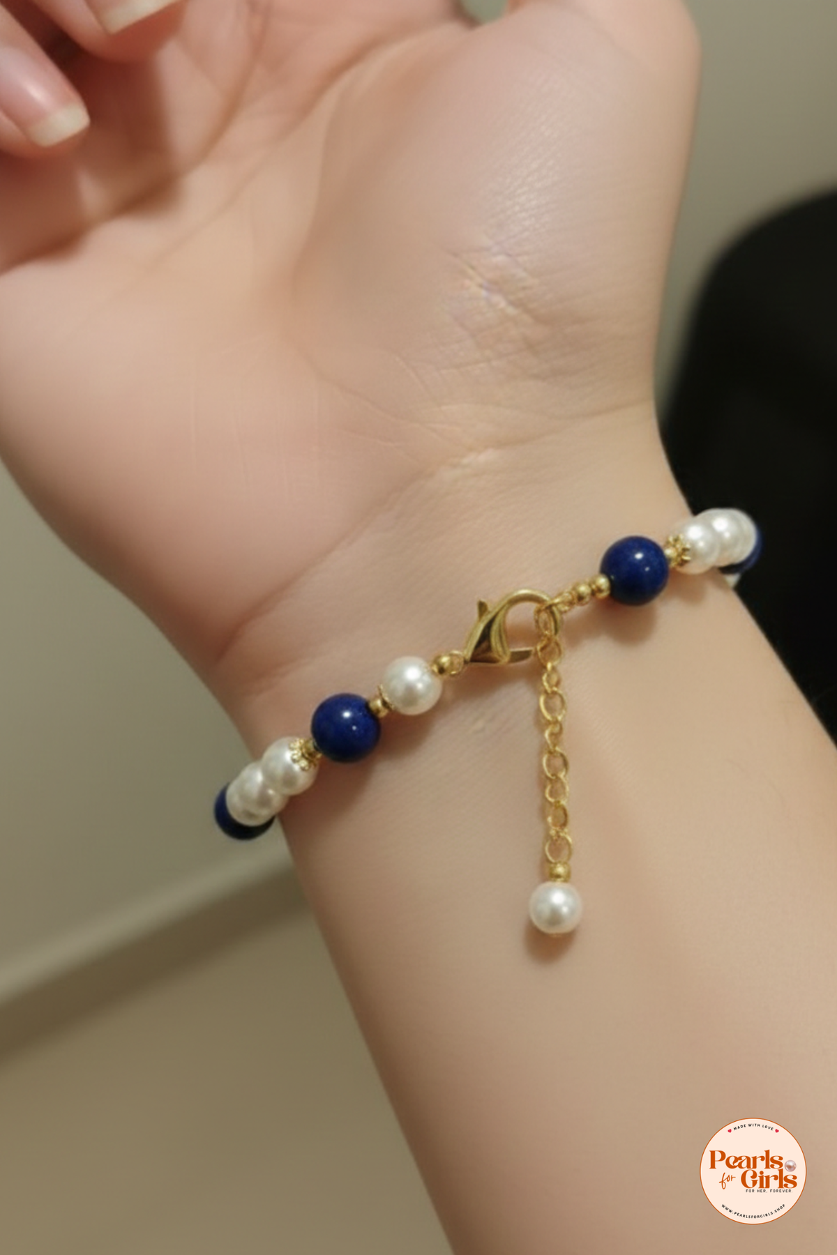 Pearl & Deep Blue Lapis-Style Gold-Toned Bracelet
