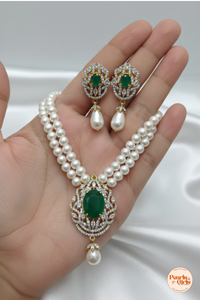 Regal Emerald Green Crystal & Double-Strand Pearl Necklace Set with Matching Drop Earrings