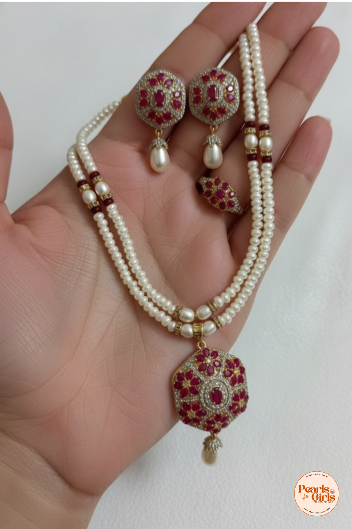 Elegant Floral Ruby and Pearl Statement Necklace Set
