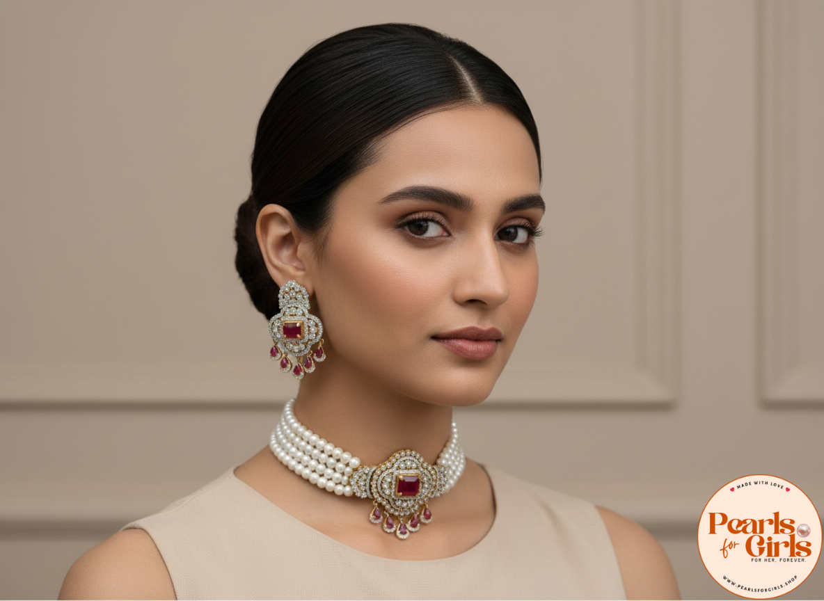Elegant Triple-rows White Pearl Choker with Ruby Statement Pendant