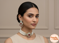 Elegant Triple-rows White Pearl Choker with Ruby Statement Pendant
