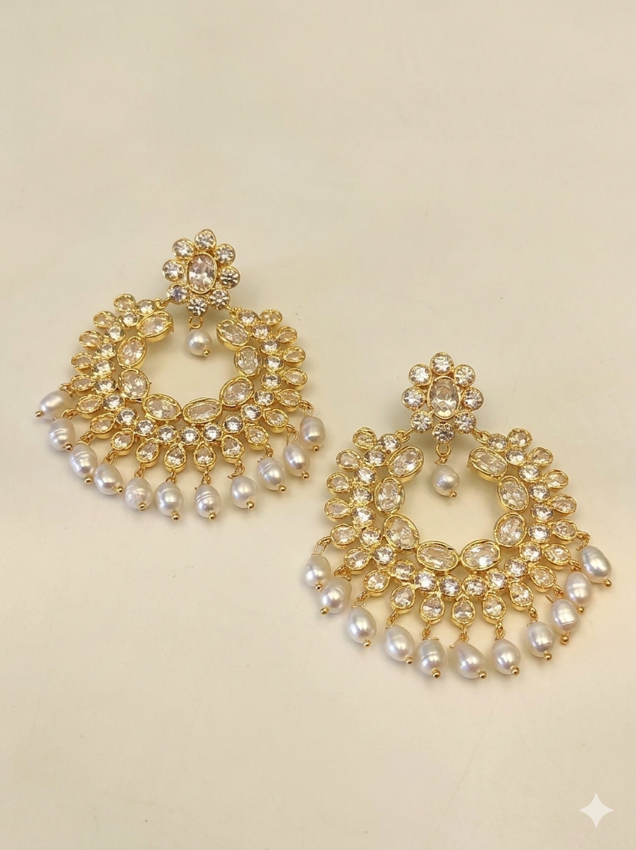 Elegant Floral Kundan Chandbali Earrings with Pearl Drops