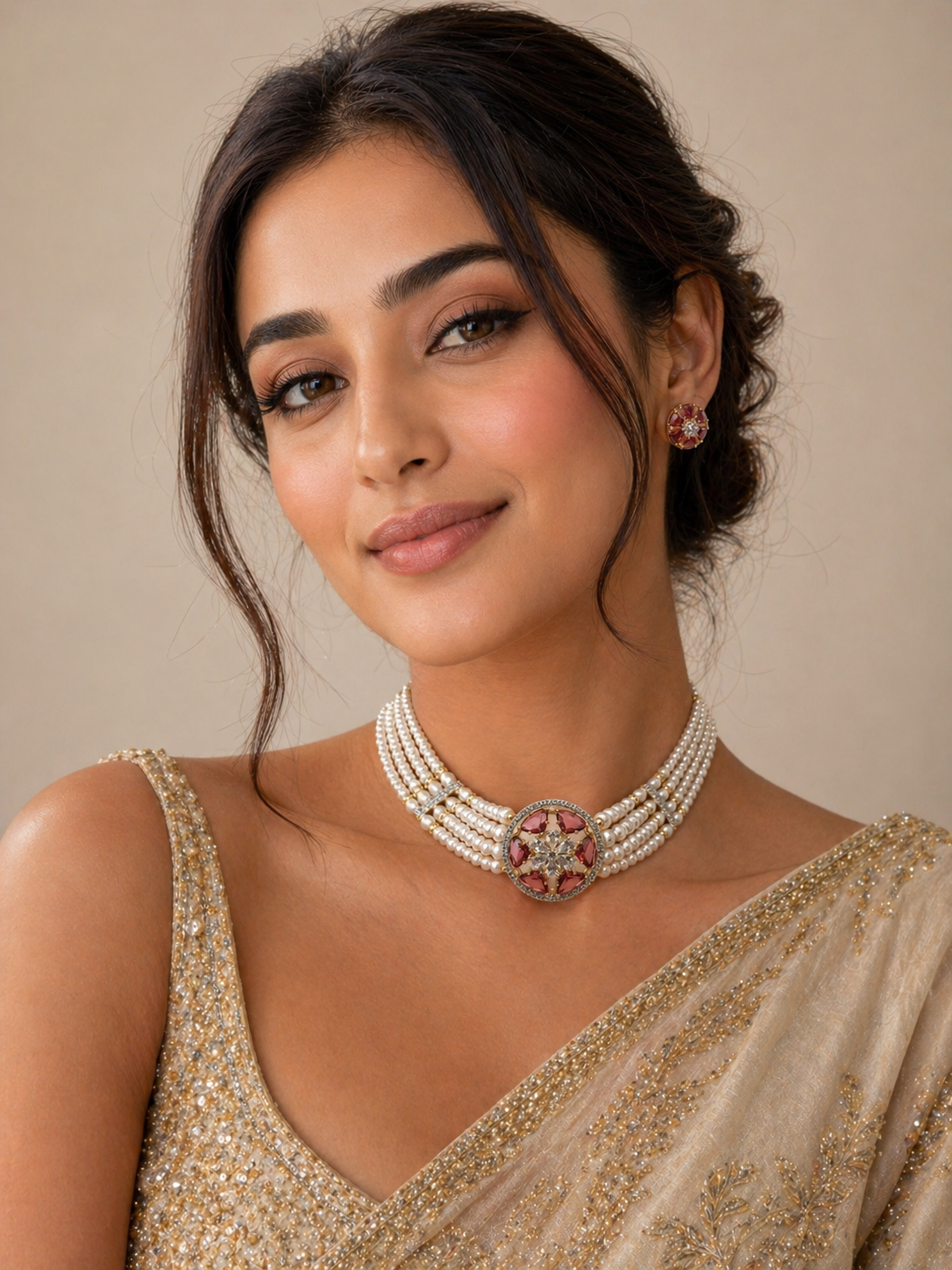 Elegant Multi-Strand Pearl Choker Set with Ruby Floral Centerpiece