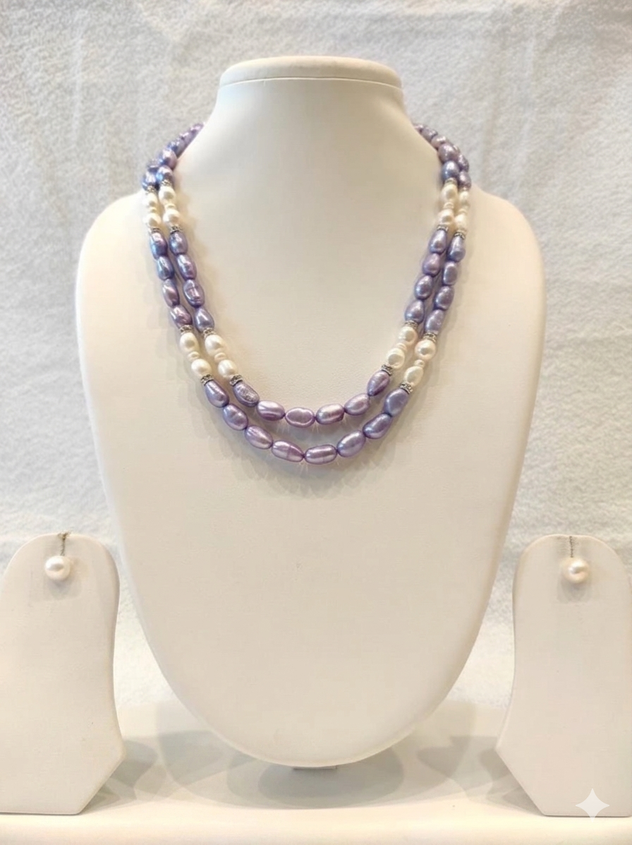Pastel Dual-Tone Pearl Layered Necklace Set with Earrings