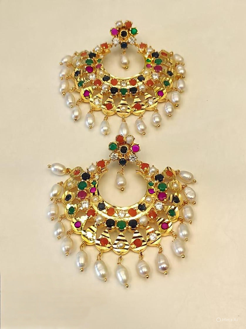 Royal Navratna Pearl Chandbali Earrings