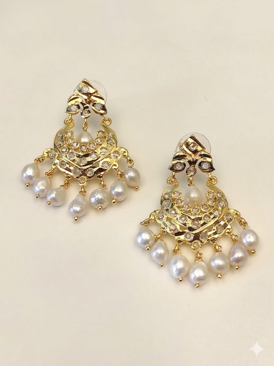 Elegant Kundan Pearl Drop Chandbali Earrings