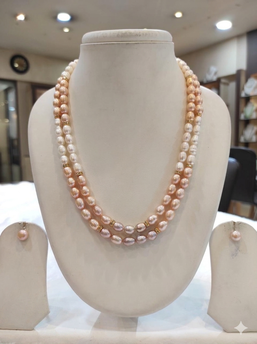 Elegant Lavender and White Double-Strand Pearl Necklace Set