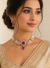 Royal Ruby Drop Pearl Choker Set with Statement Earrings