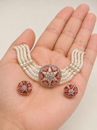 Elegant Multi-Strand Pearl Choker Set with Ruby Floral Centerpiece