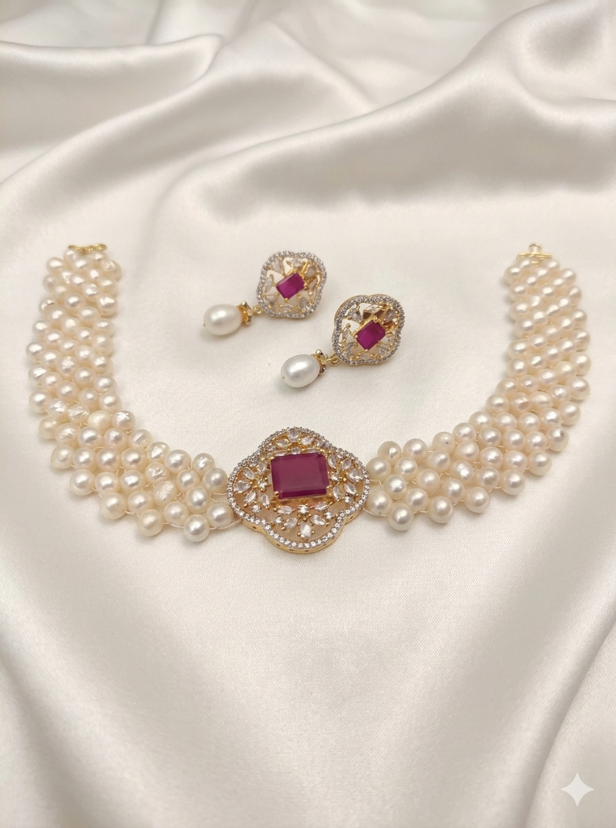 Royal Ruby & Pearl Multi-Strand Choker Set