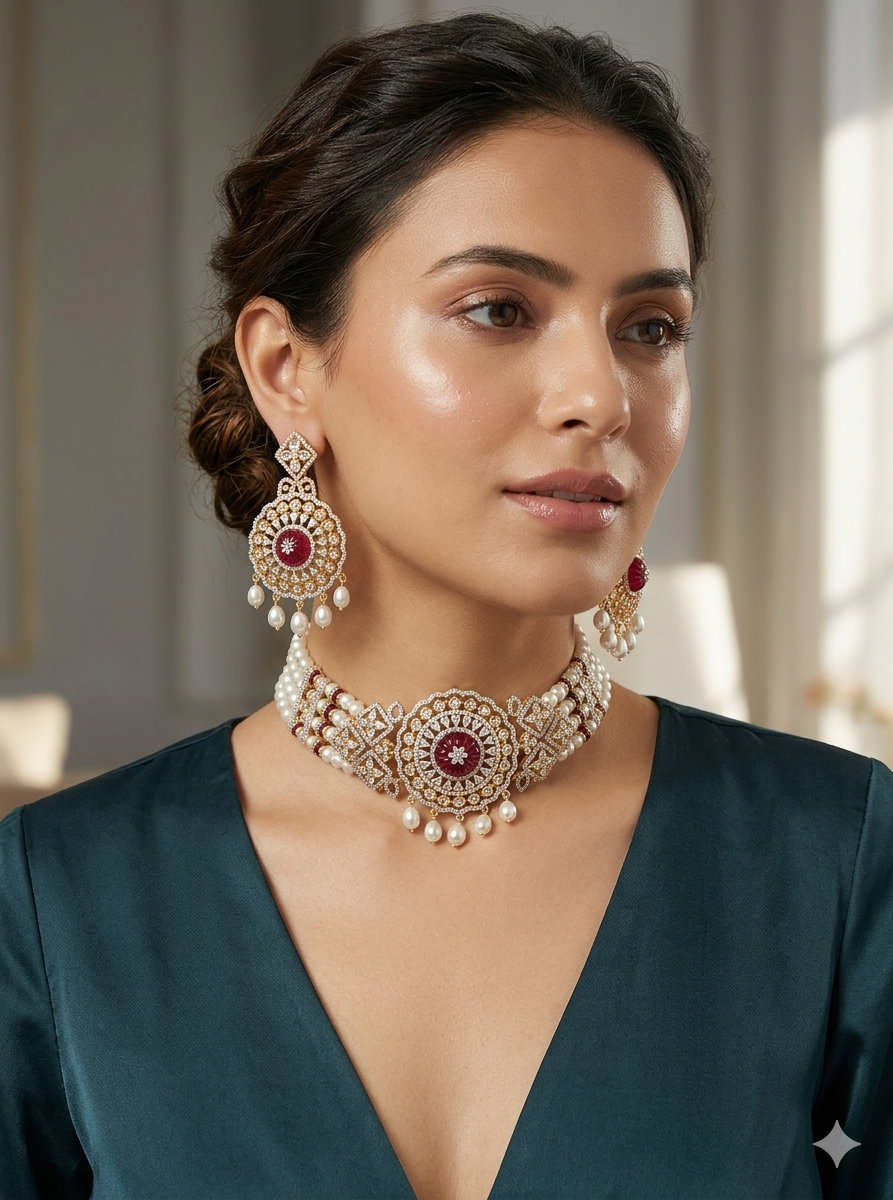 Regal Ruby Pearl Kundan Choker Set