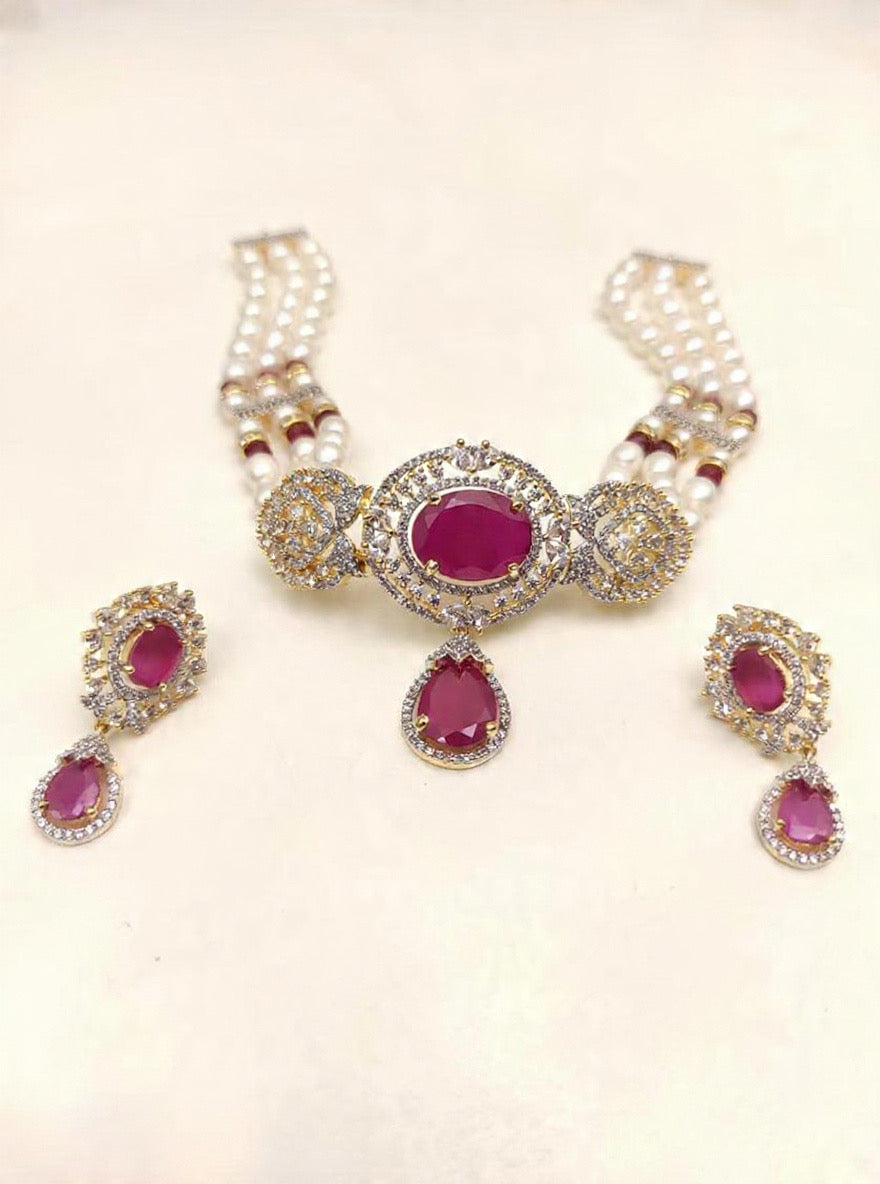 Royal Ruby Drop Pearl Choker Set with Statement Earrings