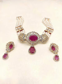 Royal Ruby Drop Pearl Choker Set with Statement Earrings