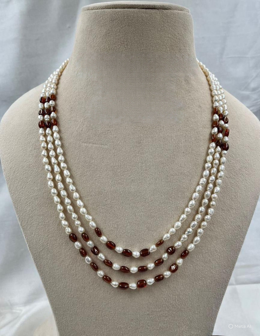 Triple-Strand Pearl & Gomed Necklace